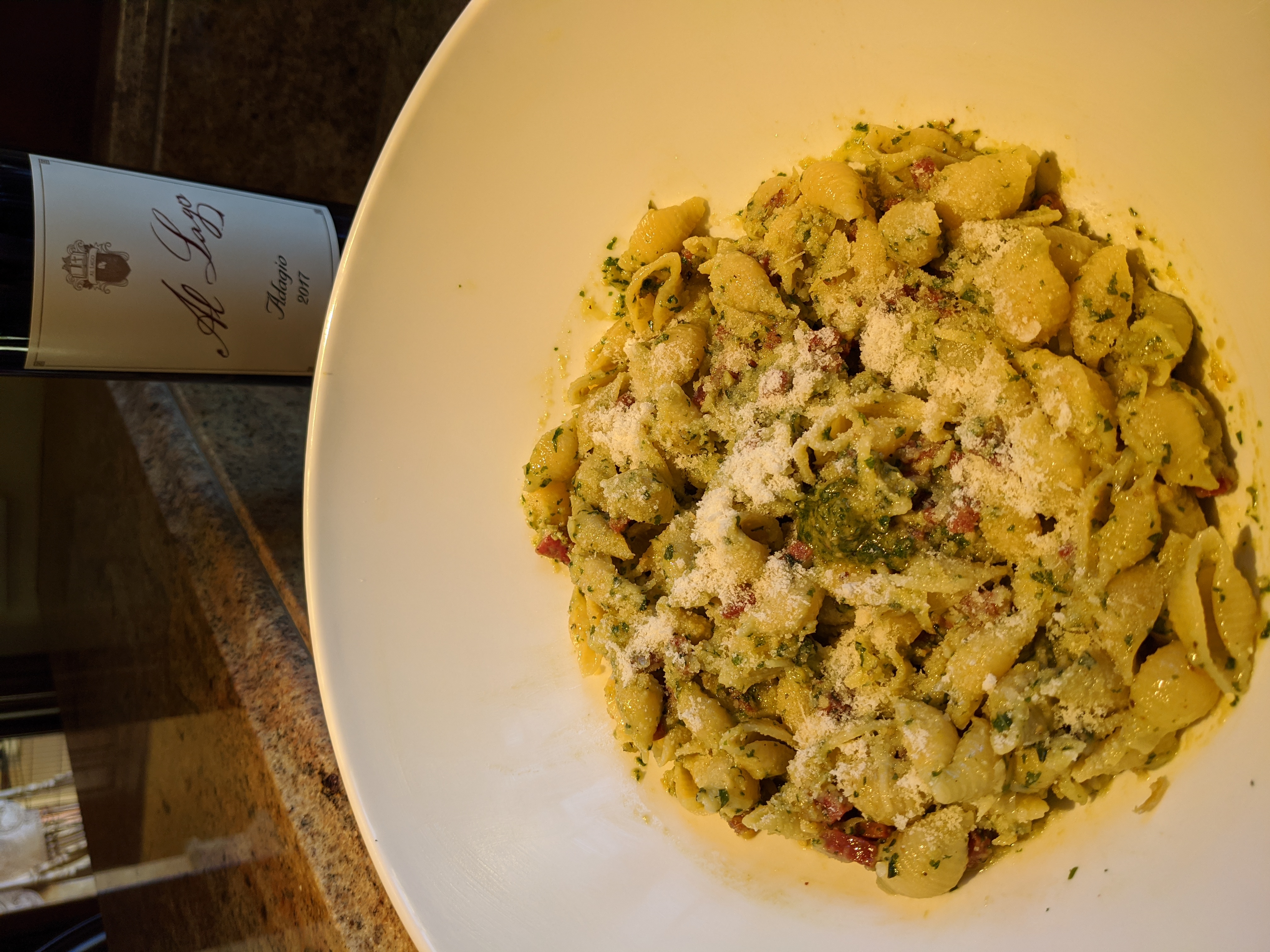 Pasta with Pesto Sauce and Sautéed Salami recipe image